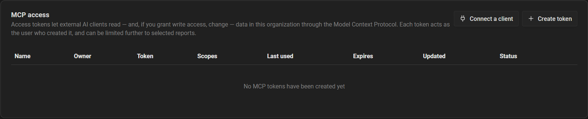 The MCP tab in Settings before any token exists. A short explanation sits above an empty table with columns for name, owner, token, scopes, last used, expires, updated and status. Buttons for Connect a client and Create token sit at the top right.