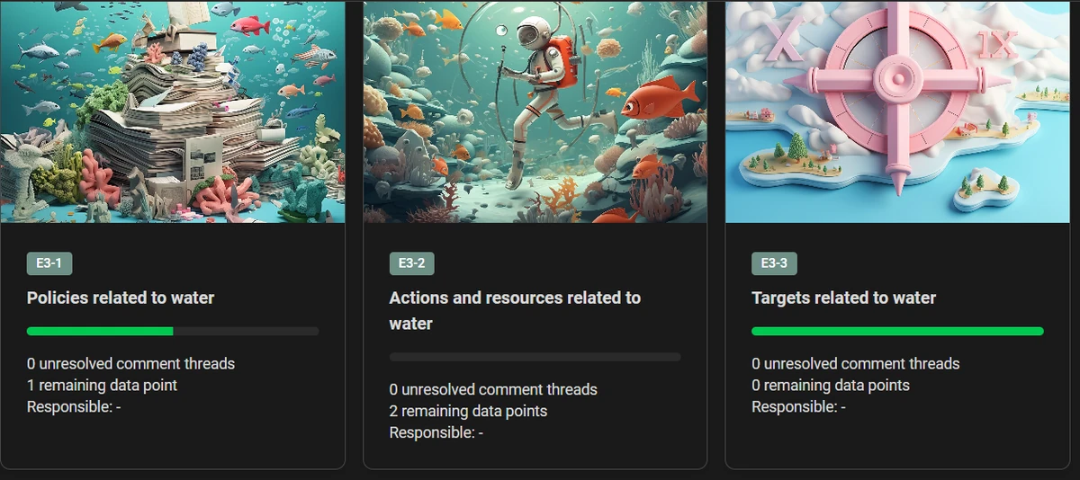 Three disclosure cards side by side on a topic page. Each has an id badge, a title, a progress bar, a count of unresolved comment threads, a count of remaining data points and a responsible user.